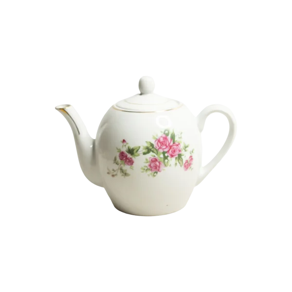 Pink Moss Rose Teapot Floral Design with Gold Trim - White Porcelain Teapot